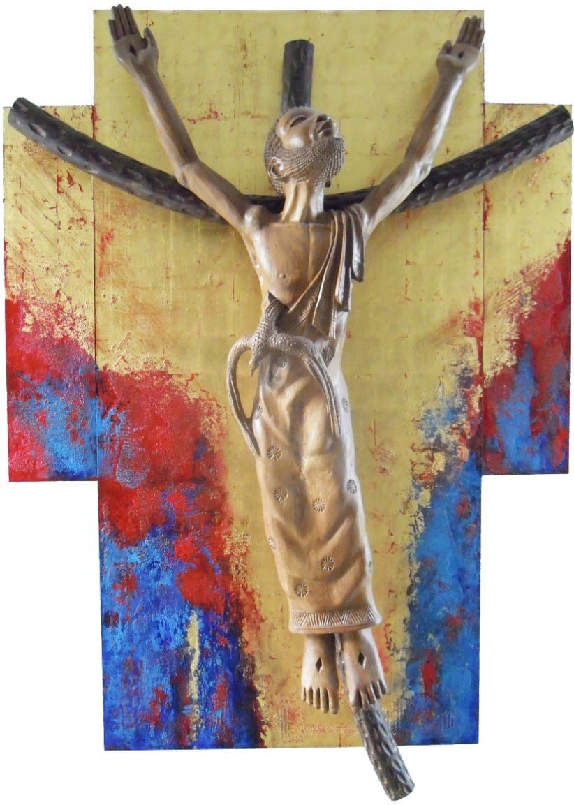 Crucifix featuring Jesus as an African on a simple wooden cross, hands raised to heaven
