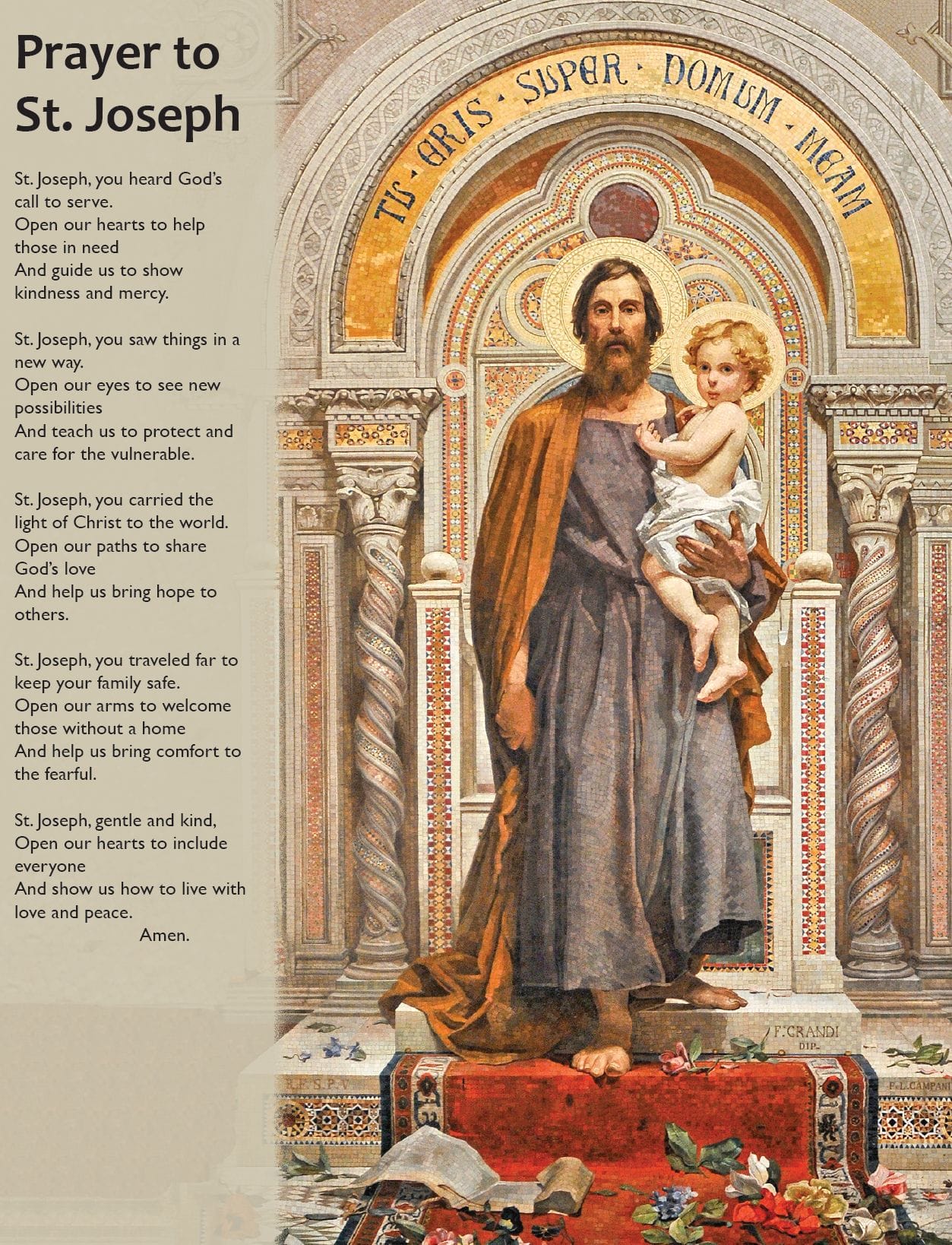 Illustration drawn to resemble mosaic tile featuring St. Joseph holding the child Jesus