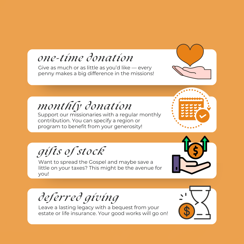 A list of ways to support the Comboni Missionaries: one-time donation, recurring gift, planned giving.