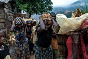 Congo1.jpg Kasomba women walk up the steep slopes to quarries in Kamituga, carrying baskets full of quartz stones on their backs.