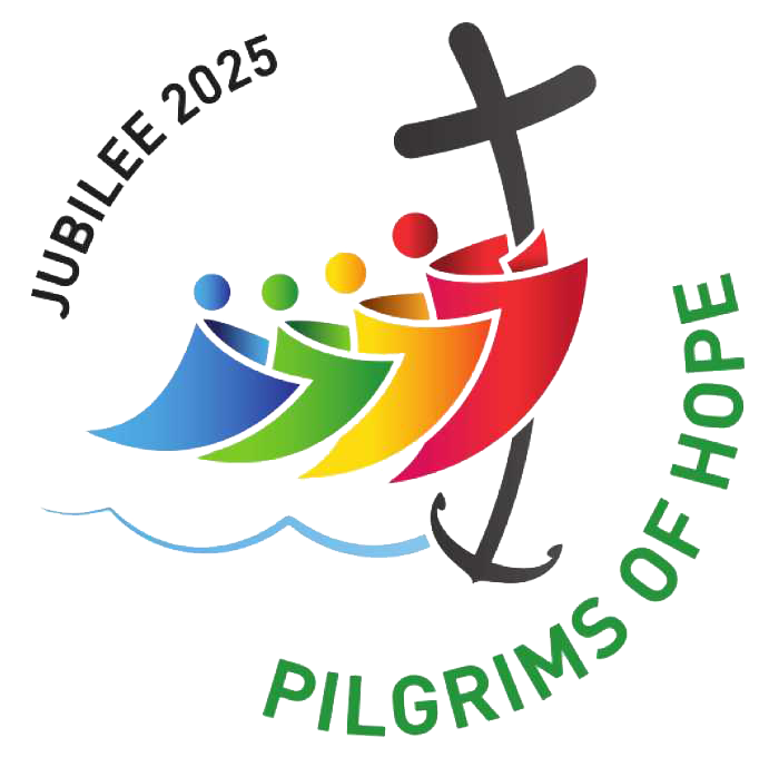 Jubilee 2025 Pilgrims of Hope Logo. Five figures illustrated as flags hugging each other connect to a cross/anchor