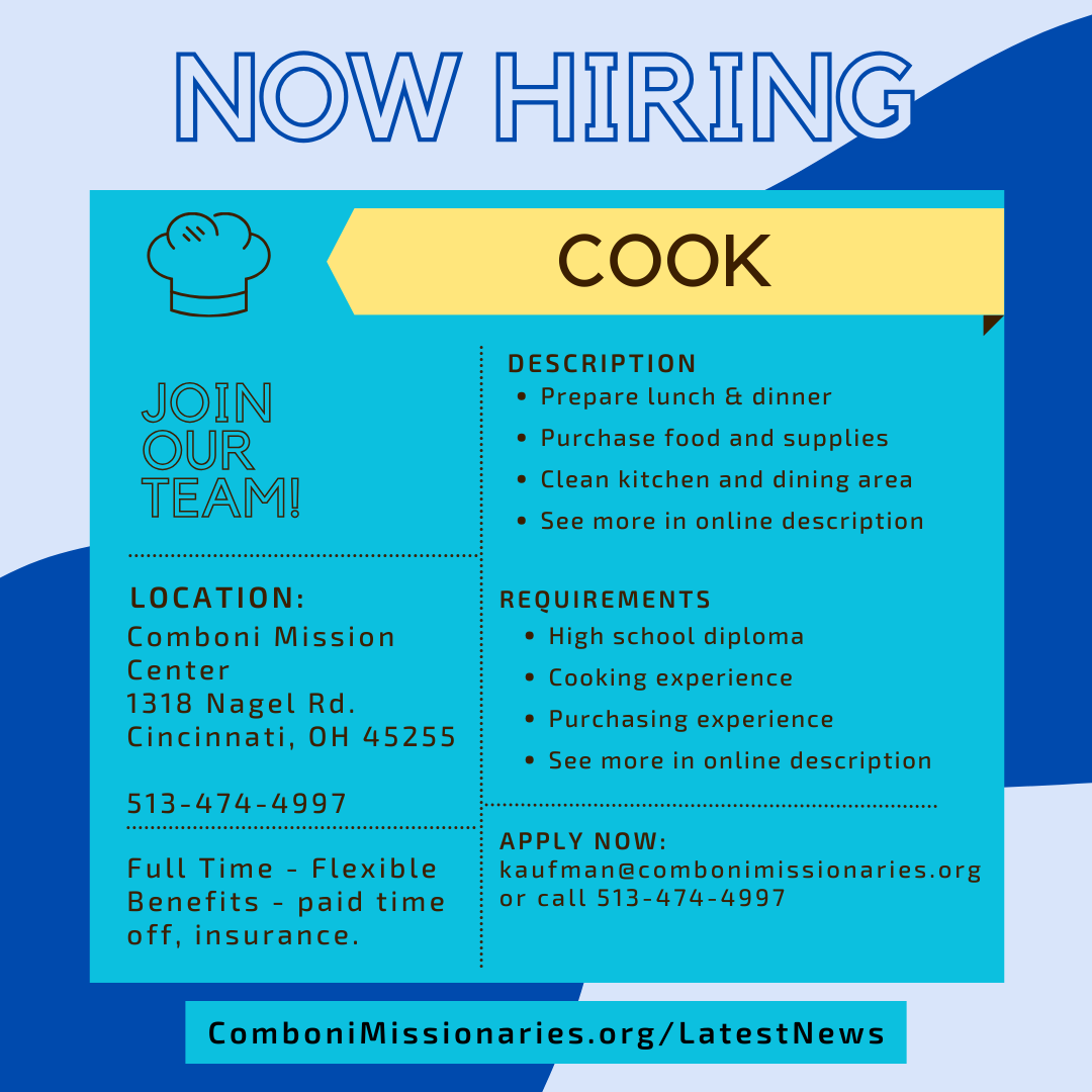 No hiring full time cook for Cincinnati location. Call 513-474-4997 for more information.