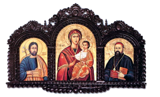 Triptych featuring st joseph on the left, Mother mary holding baby jesus in the middle, and st. daniel comboni on the right